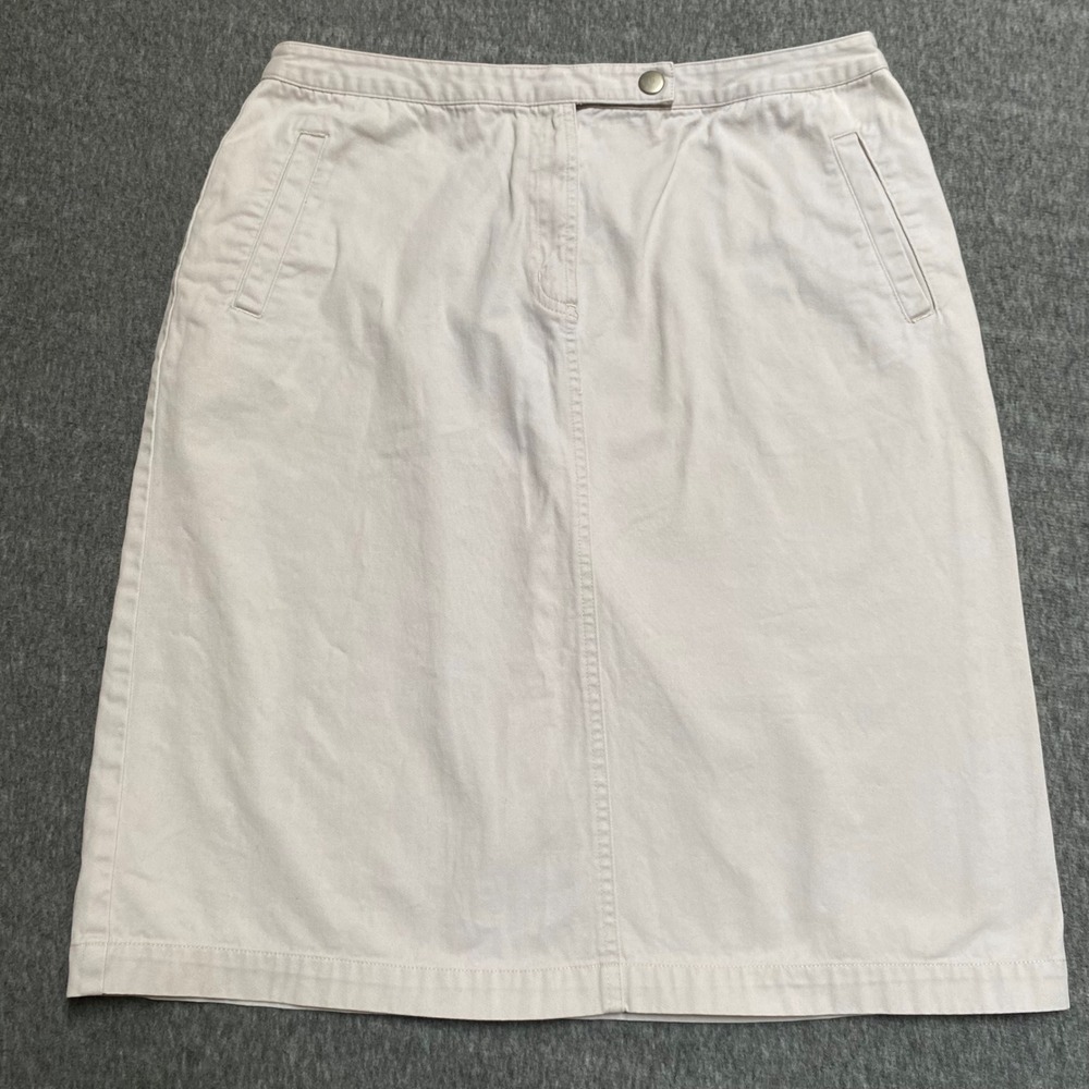 Kim Rogers Khaki Cotton Twill Midi Skirt Tan Size 12 Pockets Back Vent Modest